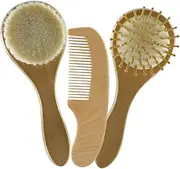 Abaodam Natural Wool Brush Set for Baby Newborn Infant Hair Brush Comb Wooden Comb for Scalp Care 3pcs Set