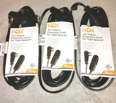 (3 Pack LOT)HDX 15 Ft Indoor Extension Cord With FLAT HEAD Adapter (Black)