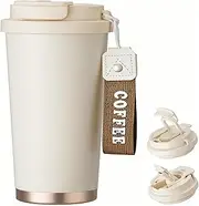 [XHOMI] Thermos Coffee Mug with Straw Made of Stainless Steel, 530 ml Leak-Proof Insulated Mug with Lid for Hot & Cold Drinks (White)
