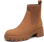 [Haza Pairs] Women's Chelsea Boots Leather Classic Lug Sole Platform Elastic Slip On Chunky Ankle Booties for Women
