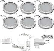 SEBSON LED Cabinet Lights, Set of 6, Non-Touch, Dimmable, IR Sensor, Warm White 3000 K, 6X 2 W, 6X 130 lm, Round, Ultra Flat 8 mm, Aluminium