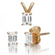 Emerald Cut Lab Grown Diamond Pendant And Stud Earrings Set 14K Yellow Gold