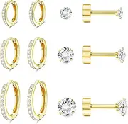 [Sanfenly] 14K Flat Back Cartilage Earrings Set for Multiple Piercing Silver Gold Earrings Set Cartilage Hoop Stud Earrings