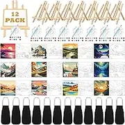 Motipuns 12 Set Pre Drawn Canvas for Painting for Adults Sip and Paint Kit with Easels 8 x 10 Inches Paint Party Kit with Printed Canvas Paints Brushes Palette Bag Apron(Landscape)