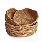 Rattan Round Fruit Baskets, Wicker Storage Bowls, Natural Woven Serving Wave