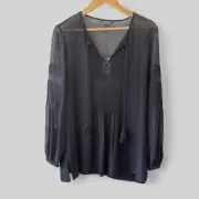 Tommy Hilfiger Womens Sheer Popover Blouse Size Large Black V Neck Boho