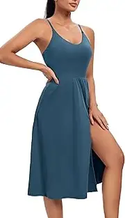 [Ewedoos] Athletic Dress with Built in Shorts & Bra Adjustable Straps Workout Dress for Tennis Golf Midi Dresses for Women, Indigo, Small
