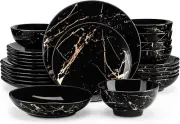 Plates and Bowls Sets for 6, 24 Pieces Porcelain Dinnerware Sets, Black and Gold