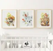 Baby Nursery Wall Art Prints Australian animals Koala, Echidna, Platypus set of3