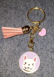 Gold Colored Key Chain Bag Charm Puppy Love Theme Leather Tassel