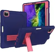 Cavor for iPad Pro 12.9 inch Case 2021/2020/2018 5th/4th/3rd Generation Case 3 in 1 Heavy Duty Rugged Shockproof Protective Cover with Built-in Kickstand Pencil Holder Anti-Slip(Navy Blue+Rose Red)