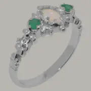 Solid 18k White Gold Natural Opal & Emerald Womens Trilogy Ring - Sizes 4 to 12