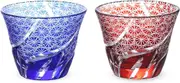 J-Kitchens Retro Kiriko Pair Glass Cup Tea Φ3.0 x H2.4 inches (76 x 60 mm), 3.4 fl oz (100 cc), Ranchored Small Pattern, Blue & Red Current Model