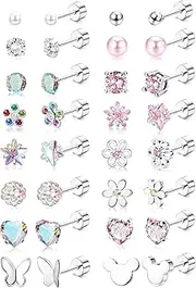 [YADOCA] 16 Pairs Hypoallergenic Girls Earrings for Women Kids 316L Stainless Steel CZ Pearl Ball Heart Flower Screw Back Flat Back Stud Earrings Jewelry Gift Women Multicolored Pink