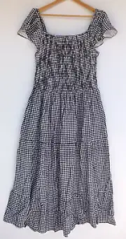 New Autograph Dress 24 Womens Tiered Maxi Shirred Black White Check Linen Blend