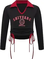 [FEESHOW] Girl T- Shirt Long Sleeves Crop Top V-Neck Cropped Top Running Jogging Exercise Sport