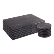 12pc Marble Placemats & Round Coasters Set Stone Kitchen Dining Setting Black