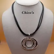 Chico's Silver Tone Pendant Necklace, Black Leather Cords, NWT, 20 In