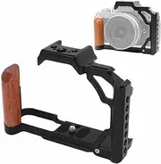 Camera Video Cage, Aluminum Alloy Camera Cage with Wooden Handle, 1/4 Inch 3/8 Inch Screw Hole Cold Shoe Mount, for Nikon ZFC