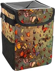 Car Trash Can with Lid and Storage Pockets Leak-Proof Organizer,Waterproof Garbage Can,Vintage Butterfly Colorful