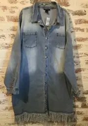 Ashley Stewart Denim Dress Long Sleeve Distressed Fringe Trim Plus Size 28 NWT