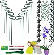 Fycooler 10 Pcs 40cm Plant Support Stakes,Metal Single Stem Plant Support - Garden Single Stem Support Stake Plant Cage Support Ring with 60 pcs Plant Clips for Flower, Lily, Rose, Peony,Tomato - 40CM