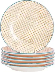 Nicola Spring Hand-Printed Side Plates - 18cm - Orange - Pack of 6 - Porcelain Decorative Patterned Dining Dish Plates for Snacks, Starters, Dinner, Dessert
