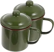 Milisten 2Pcs Retro Enamel Water Cups Multi Function Camping Mugs with Lid for Coffee Tea Juice Vintage Green Handheld Drinkware