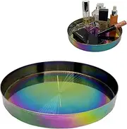 Wick Works | 8.5 inch Stainless Steel Decorative Round Tray | Metal Plate for Home Décor and Candles | Jewelry Dish Makeup Organizer | Platter Candleholder Perfume Flowers Table Centerpiece (Rainbow)