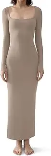 [Generic] Mauve Dress for Women Women's Square Neck Long Sleeve Maxi Dress Soft Ribbed Bodycon Dresses for Women Dresses Casual