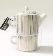 NEW COCO+LOLA WHITE CHINA+METALLIC GOLD STRIPES TEA COFFEE CUP POT FOR ONE SET