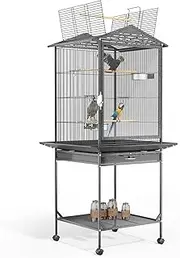 Bird Cage 46 x 46 x 136cm Large Guinea Pig Pet Birds Parrot Ferret Cages Aviary Budgie Finch Canary Stand Toys,Black 2 Perch with Wheel + Slide-Out Removable Tray and Top
