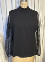 Anne Klein Womens Blk Knit Cotton Blend And Netting L Sleeve Top Sz L NWT