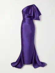 [Solace London] Solace London - Priya One-shoulder Bow-embellished Satin-twill Gown - Purple - UK 4 UK 4 Purple