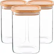 Argon Tableware Square Glass Storage Jars with Airtight Wooden Lids - 1100ml - 6 Pack - Modern Kitchen Container Preserving Jars for Pickling, Chutney, Jam, Coffee, Olives, Sugar, Spices