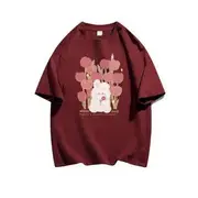 Short-Sleeve Crew Neck Rabbit Print Tee Wine Red - M