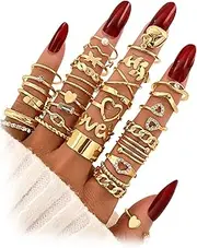 [17IF] Gold Vintage Knuckle Ring Set for Women, Boho Crystal Finger Aesthetic Pearl Sparkle Butterfly Chunky Stackable Midi Ring Pack