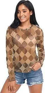 [RPLIFE] Brown Tan Dots Mesh Sleeve Top, Sexy Sheer Tops for Women S-XXL