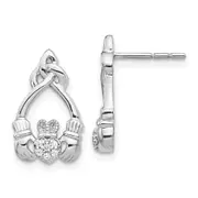 14k White Gold Real Diamond Claddagh Post Earrings