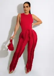 Women's Sexy Fringe Two-Piece Set - Sleeveless Top and High Waist Pants - Trendy