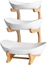 XUDREZ 3 Tier Fruit Basket for Kitchen Counter, 11"*8.6"*13" Ceramic Fruit Bowl for Kitchen Counter, Large Capacity Fruit Bowl Set with Holder, Bamboo Fruit Serving Tray (White porcelain)