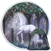 Magical White Unicorn and Birds Sacred Grove Round Beach Towel