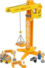 small foot 12007 Wooden Construction Crane FSC 100% Certified with Construction Site Accessories, 13 Pieces, 360 Degree Rotation, for Small Builders Toys, Multi-Colour