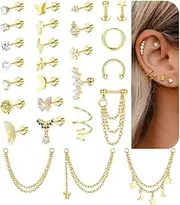 [Besteel] 16G Cartilage Earrings Stud for Women Men Hypoallergenic Stainless Steel Flat back Stud Earrings Hoop Set Cute Star Moon Flower Snake Butterfly CZ Opal Cartilage Stud Earrings Chain Dangle