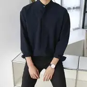 Long Sleeve Band Collar Plain Button Shirt Dark Blue - XL