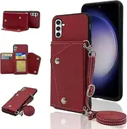 [ELISORLI] Phone Cover for Samsung Galaxy S23 FE 5G Wallet Case with Crossbody Shoulder Strap and Stand Leather Credit Card Holder Flip Purse Cell Accessories S 23 EF S23FE 23S Girls Women Men Red