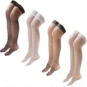 [Dress Cici] Sheer Hold Up Stocking Hosiery with Lace Edge, Translucent Fishnet Thigh High Stocking Socks (4 Pairs)