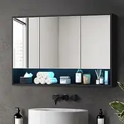 OIKITURE Bathroom Mirror Cabinet with 16 LED Lighted Colours, Bathroom Cabinet with Closed and Opened Wall Mount Storage Shelves, Cupboard Shower Mirror, Black, 120×75cm