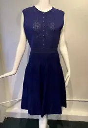 Oscar De La Renta R16 Blue Sleeveless Button-Up Laser-Cut Detail Dress size L