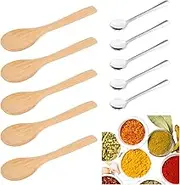 10 PCS Small Spoons for Spices Jars, 7.5cm Tiny Stainless Steel Spoons for Salt,Sugar,Honey,Coffee,Dessert, Small Condiment Spoon for Jars Kitchen & Party Use (5 Stainless Steel, 5 Wood)